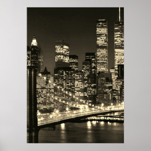 Póster Sepia Brooklyn Bridge New York Night