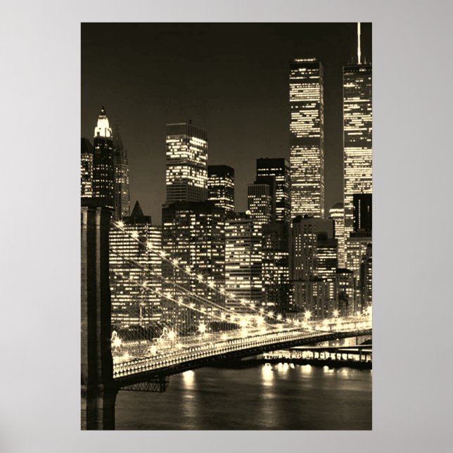 Póster Sepia Brooklyn Bridge New York Night (Frente)