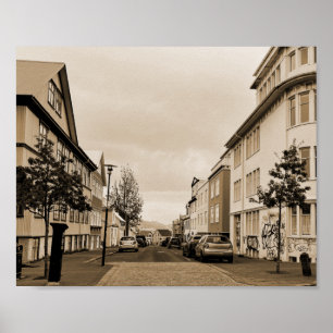 Póster Sepia, escena de la calle de Islandia en Reykjavik