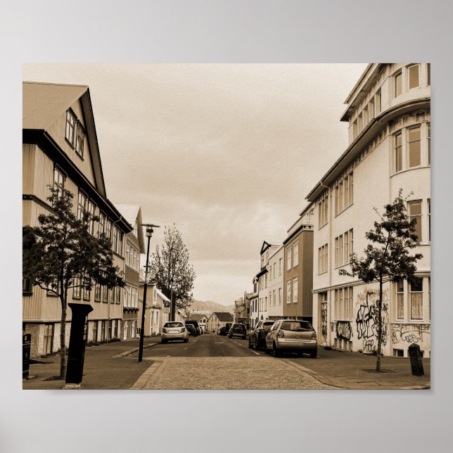 Póster Sepia, escena de la calle de Islandia en Reykjavik (Frente)