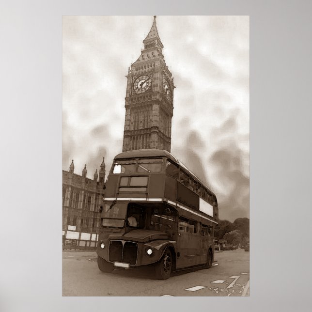 Póster Sepia Vintage London Bus Big Ben (Frente)