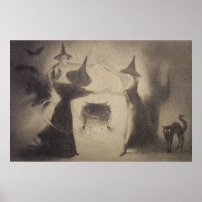 Póster Sepia Witch Bat Night Cauldron Black Cat (Frente)
