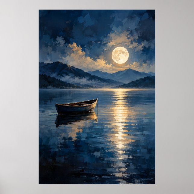 Póster Serena barca de madera reflejo de la luna (Frente)