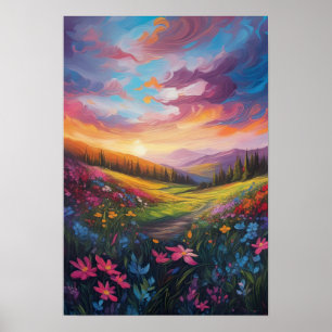 Póster Serenade al atardecer, flores en el brillo