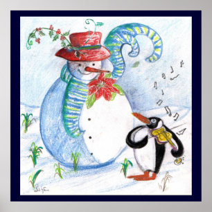 PÓSTER SERENATA INVERNAL DE MUÑECO DE NIEVE Y PINGÜINO