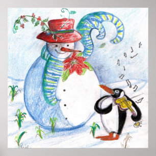 PÓSTER SERENATA INVERNAL DE MUÑECO DE NIEVE Y PINGÜINO