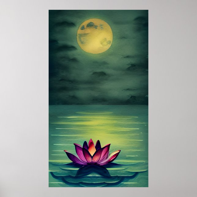 Póster Serene Bella Flor Lotus y una Luna Llena (Frente)