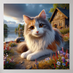 Póster Serene Calico Cat en un tranquilo campo