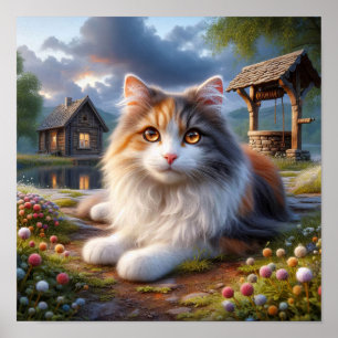 Póster Serene Calico Cat en un tranquilo campo