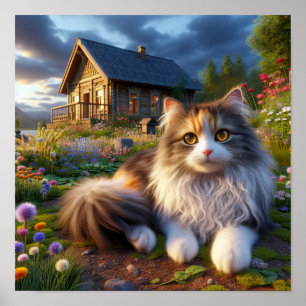 Póster Serene Calico Cat en un tranquilo campo