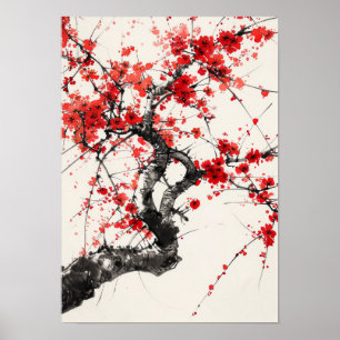 Póster Serene Cherry Blossom Tree Chinese Ink Po