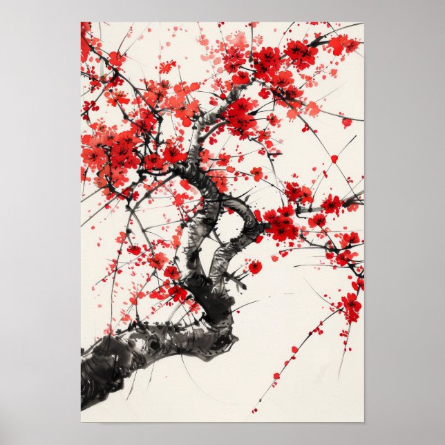 Póster Serene Cherry Blossom Tree Chinese Ink Po (Frente)