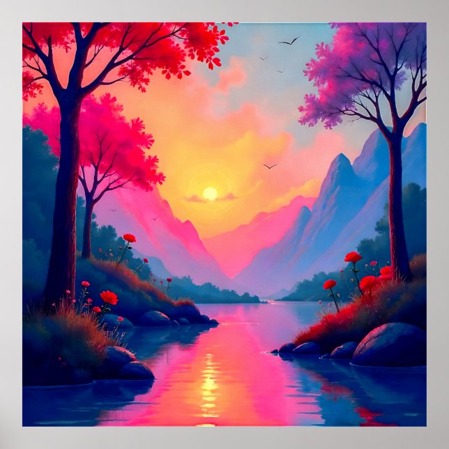 Póster Serene Fantasy Sunset River Mountain Landscape (Frente)