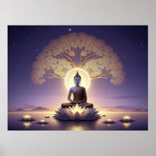 Póster Serene Golden Artwork Buddha en Aura Tranquila