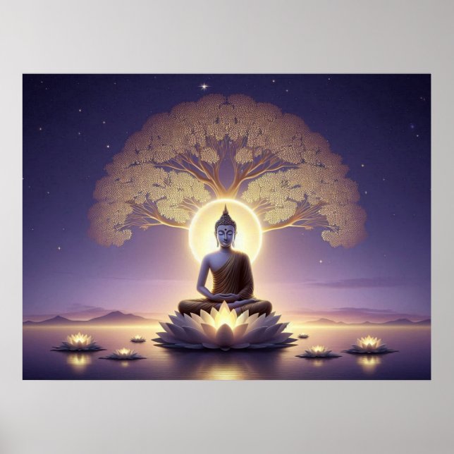 Póster Serene Golden Artwork Buddha en Aura Tranquila (Frente)