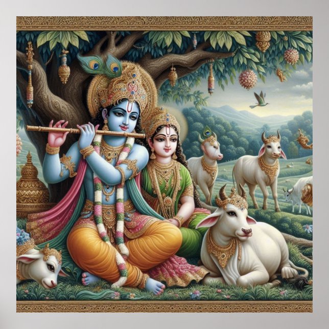 Póster Serene Green Ornate Radha Krishna Venugopal Flute (Frente)