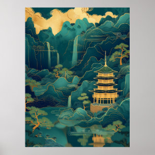 Póster Serene Greenish-Blue Mountain and Water Sceneratio