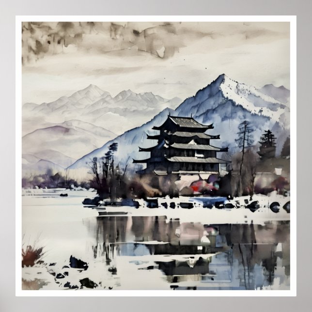 Póster Serene Mountain Pagoda, winter poster (Frente)