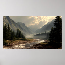 Póster Serene River Flowing Through Mountain Hill Valley 