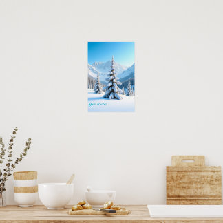 Póster Serene Snowy Mountain Landscape & Winter Pine Tree