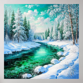Póster Serene Snowy Riverbank con árboles de Evergreen