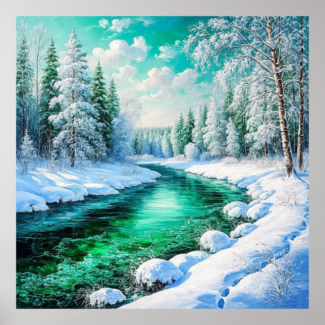Póster Serene Snowy Riverbank con árboles de Evergreen (Frente)