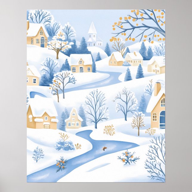 Póster Serene Snowy Village con Corriente de Flujos (Frente)