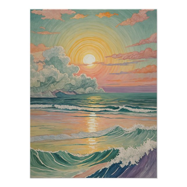 Póster Serene Sunset en las olas (Anverso)