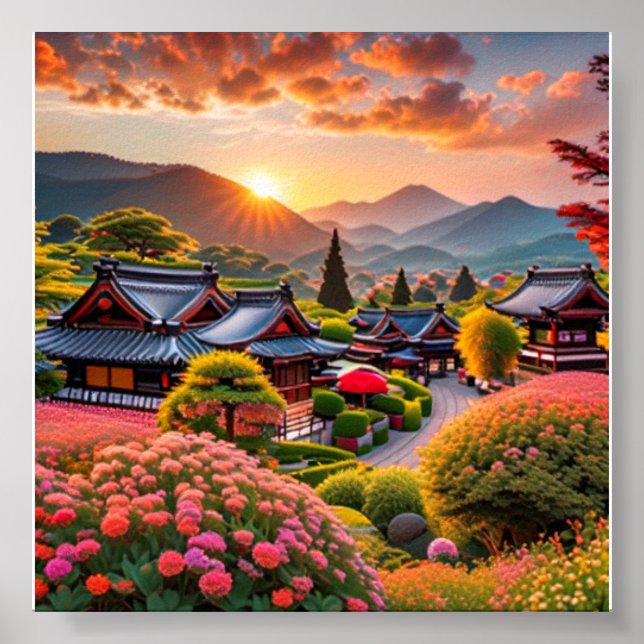 Póster Serene Sunset sobre el Jardín Japonés, Paisaje (Frente)