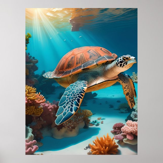 Póster Serene tortuga marina 3D en el océano -Tranquila l (Frente)
