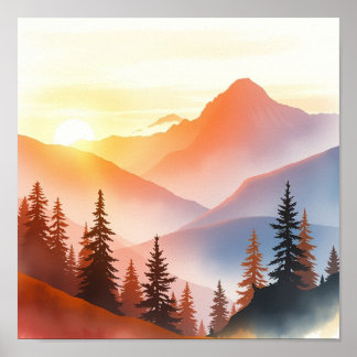 Póster Serene Watercolor Mountain Landscape Wall Art