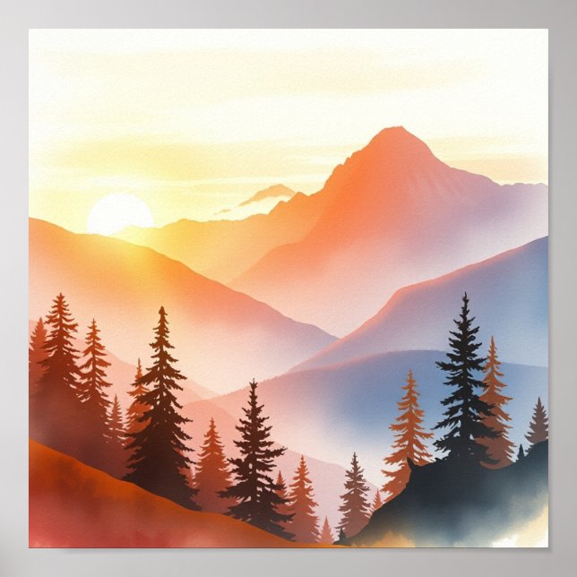 Póster Serene Watercolor Mountain Landscape Wall Art (Frente)