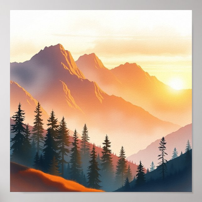 Póster Serene Watercolor Mountain Landscape Wall Art (Frente)
