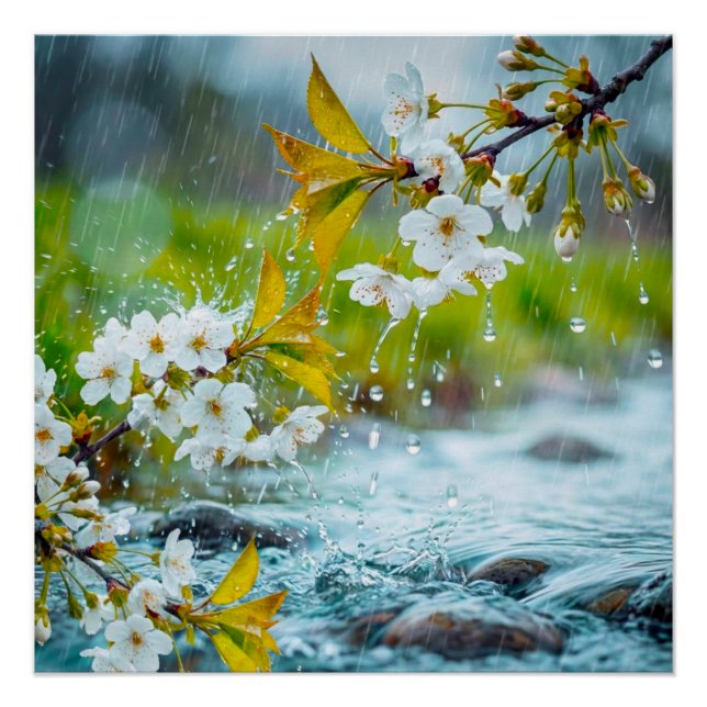 Póster Serene White Cherry Blossoms in Spring Rain & Stre (Anverso)