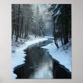 Póster Serene Winter River Flowing Through Snowy Forest