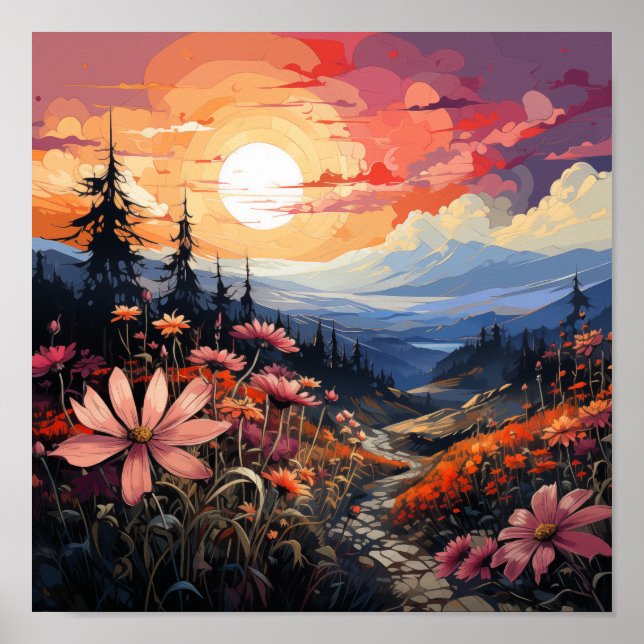 Póster Serenidad al atardecer: Flores salvajes y montañas (Frente)