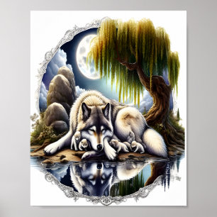 Póster Serenidad bajo la luz de la luna Lobo chisporroteo