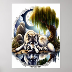 Póster Serenidad bajo la luz de la luna Lobo de lumba 18x