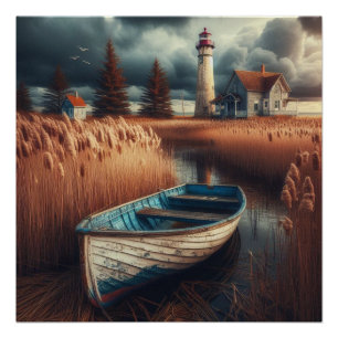 Póster Serenidad costera: Faro y bote de remos