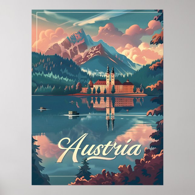 Póster Serenidad de Austria: Montaña a orillas del lago (Frente)