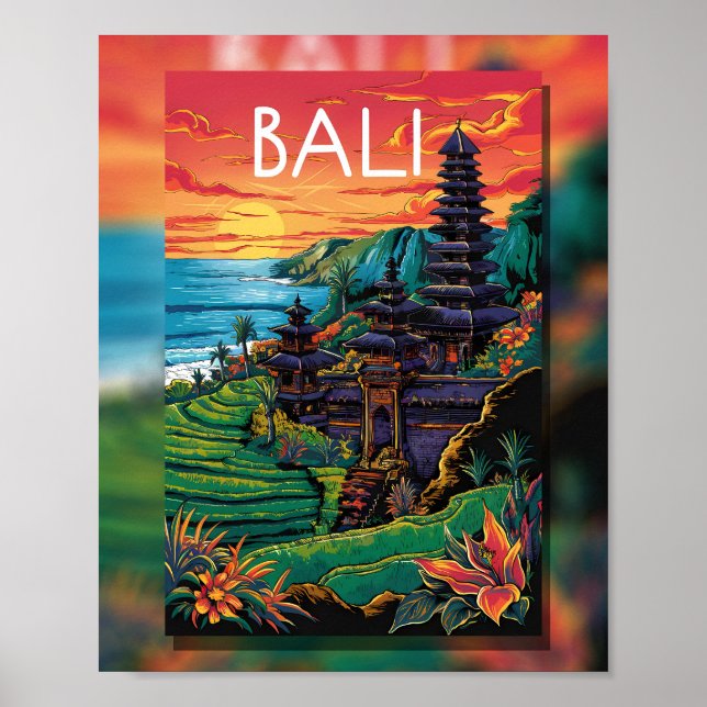 Póster Serenidad de Bali: Atardecer en el templo (Frente)