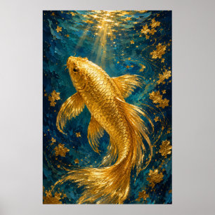 Póster Serenidad de Koi Dorado Oro de Lujo Subacuático