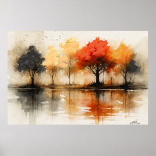 Póster Serenidad de Otoño - Reflejos Brumosos y Árboles A