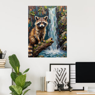 Póster Serenidad de Woodland: Raccoon by the Falls