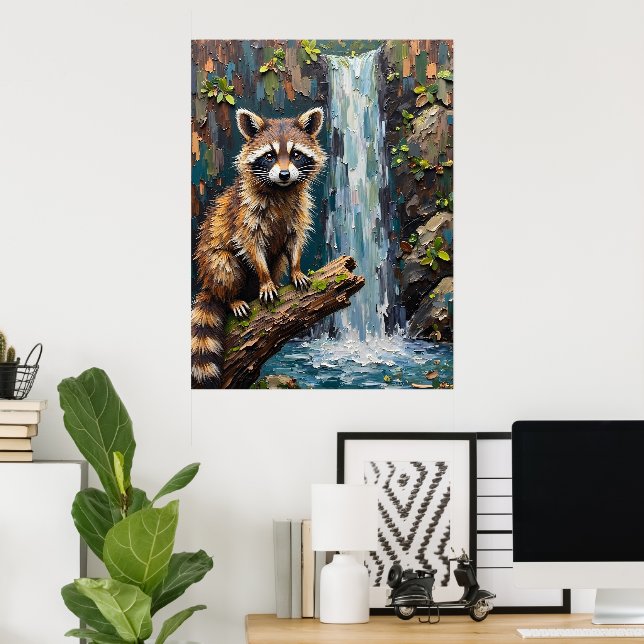 Póster Serenidad de Woodland: Raccoon by the Falls (Oficina en casa)