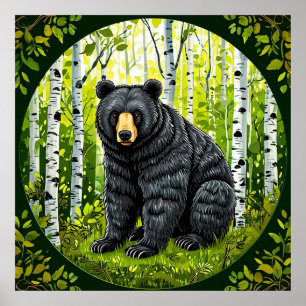 Póster Serenidad del bosque de abedules Oso negro salvaje