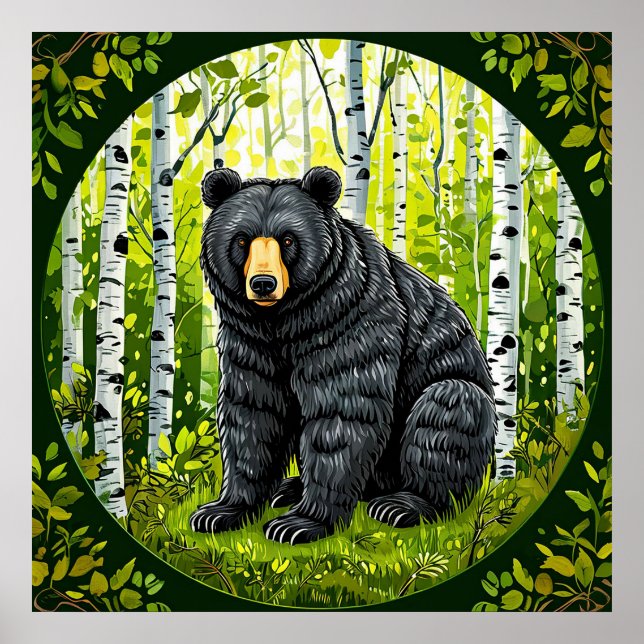 Póster Serenidad del bosque de abedules Oso negro salvaje (Frente)