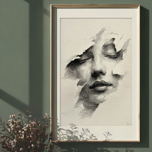 Póster Serenidad Destrozada: Rostro Intrincado Monocromo