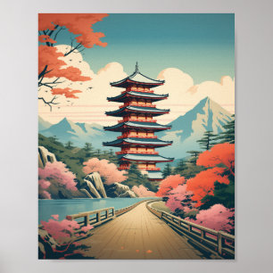 Póster Serenidad en la Pagoda. Poster japonés vintage