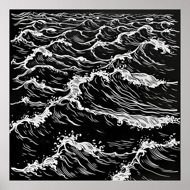 Póster Serenidad en Monocromo: Poster de Linocut de Olas  (Frente)